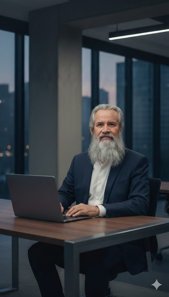 A senior businessman with a long grey beard working on a laptop in a modern office at night.