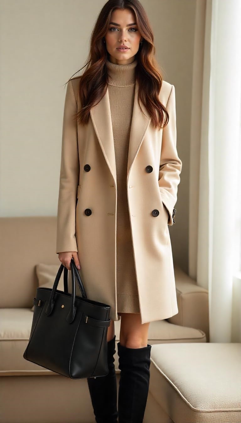 a woman in a beige coat and boots is standing in front of a couch