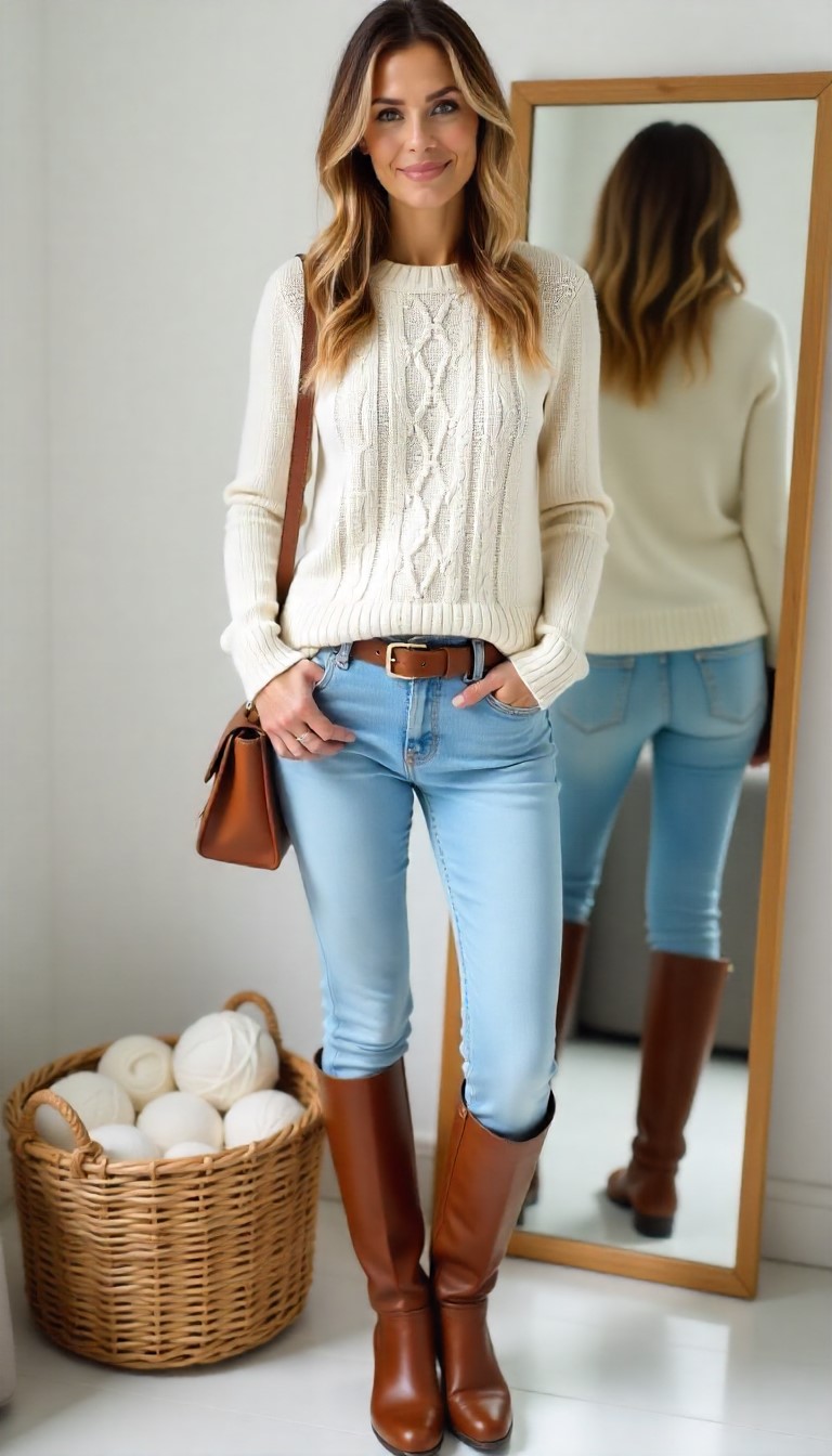 a woman in jeans and boots standing in front of a mirror