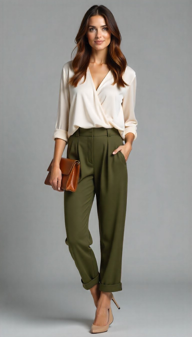 a woman in a white blouse and green pants