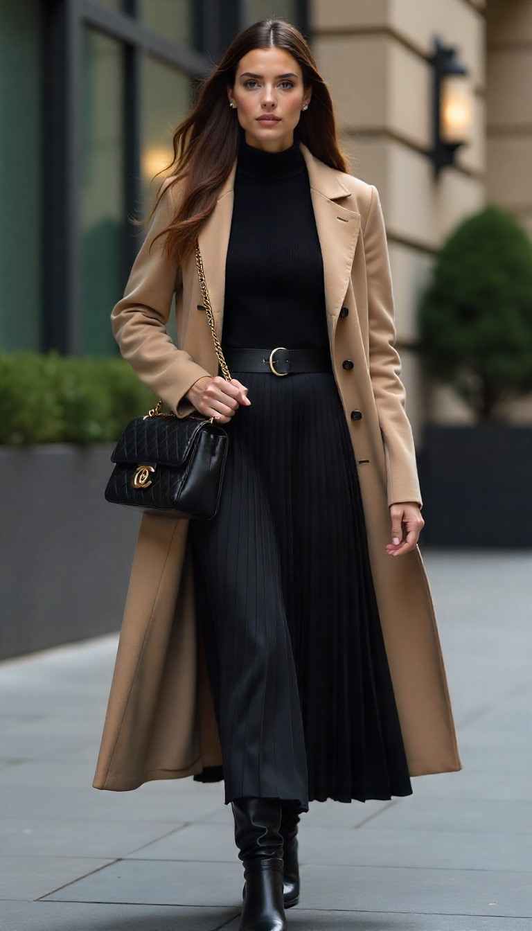 a woman in a black dress and coat with a black purse