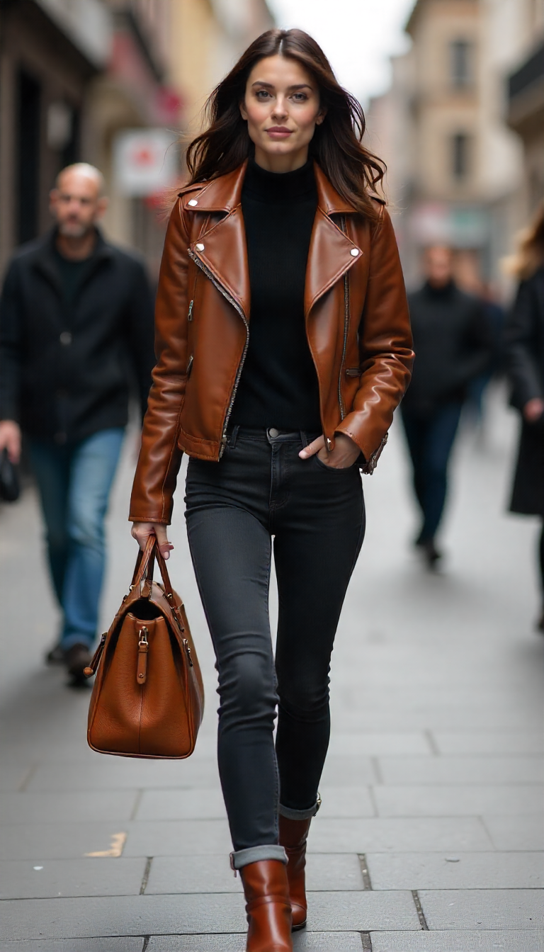 a woman in a leather jacket and jeans walking down a street