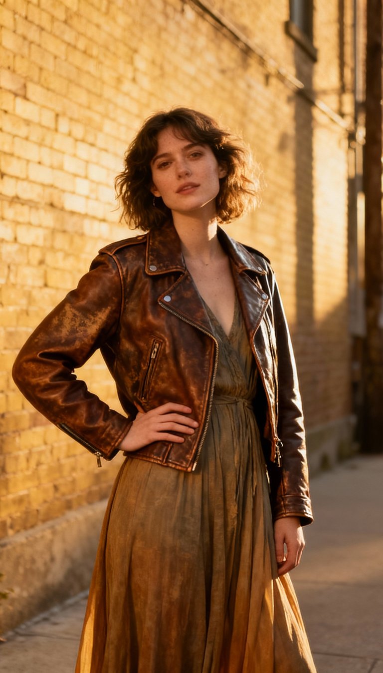 Ophelia Summers author photo featuring woman with wavy brown hair wearing vintage leather jacket and