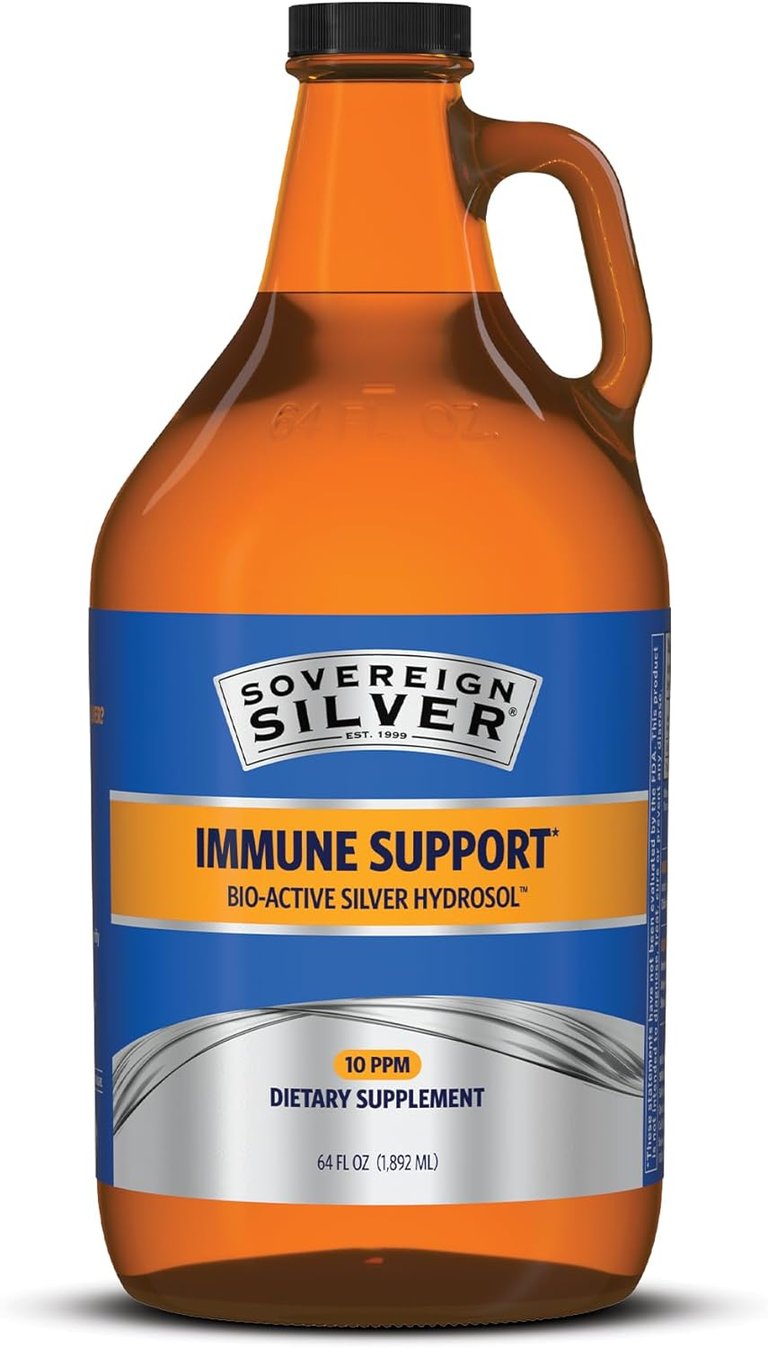 Sovereign Silver Bio-Active Silver Hydrosol immune support dietary supplement in a 64 oz amber glass bottle.