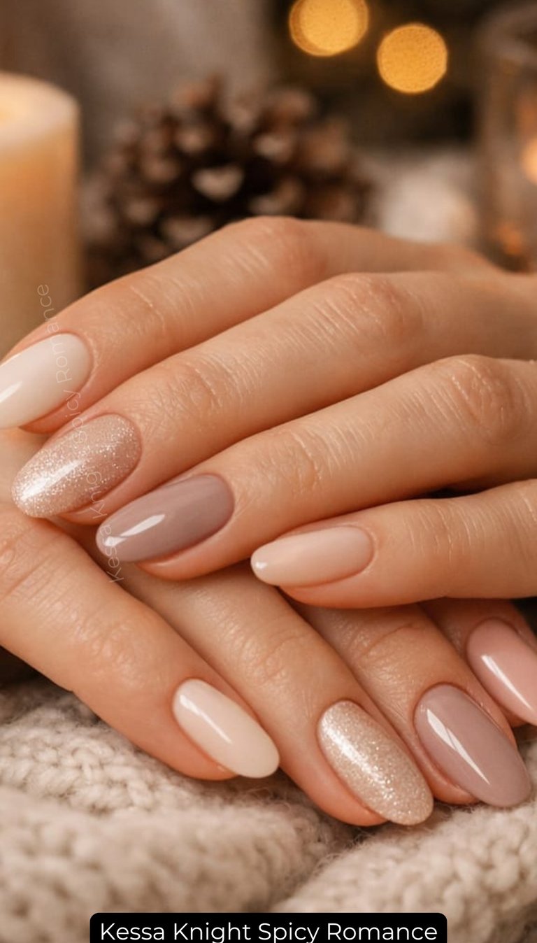 By Kessa Knight. Milky nude nail inspo cozy nail ideas winter romance aesthetic nails