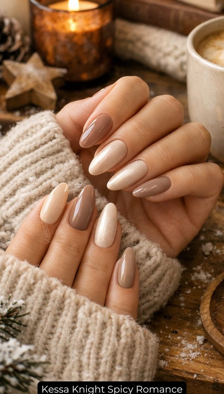 Nails by Kessa Knight. Soft coffee winter nails cozy romantic nail ideas