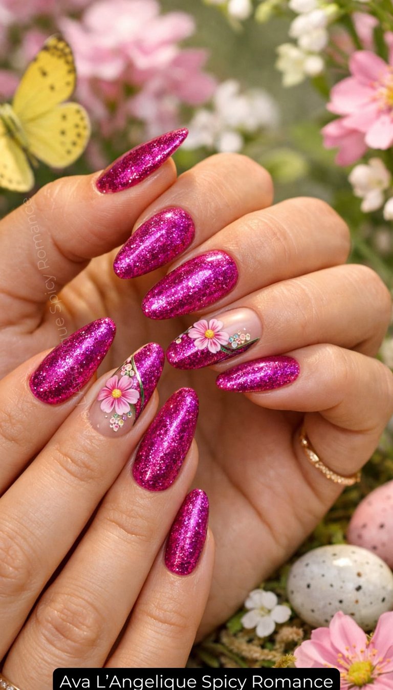 Nails by Ava L’Angelique. Pink glitter nails, date night beauty, Elegant Nail Ideas