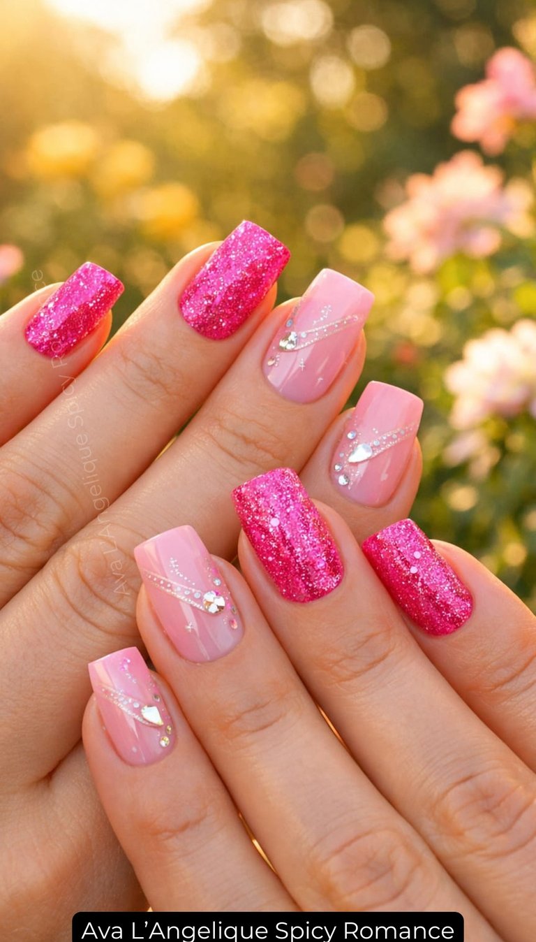 Nails by Ava L’Angelique. Pink glitter nails, cute pink nails, winter pink nails, pink nails ideas