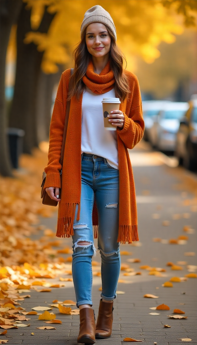 a woman in a hat and scarf on a sidewalk