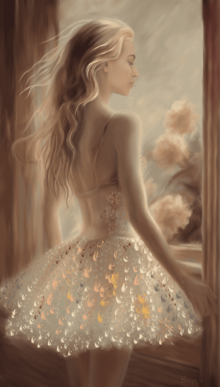 Digital painting of a woman in a dress with flowers