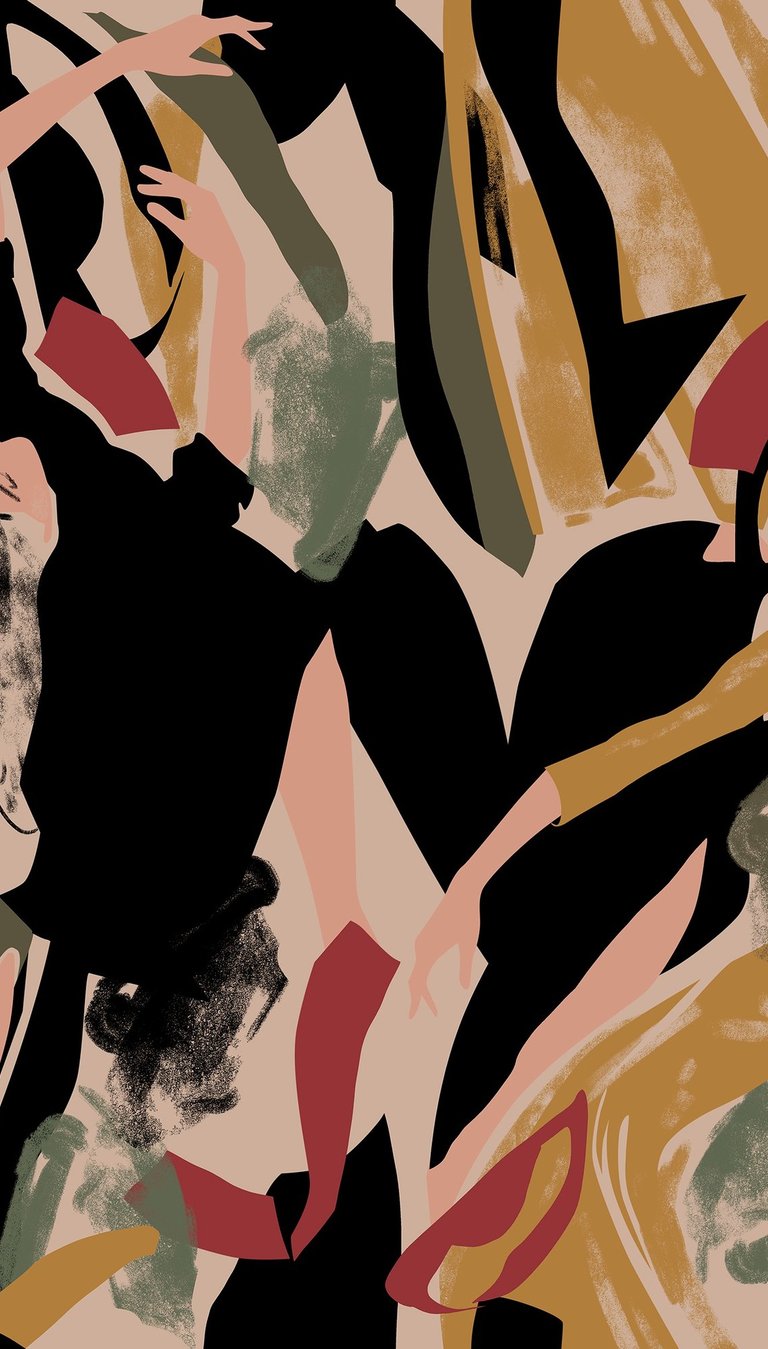 Estampa digital abstrata figurativa de mulheres dançando, inspirada na artista Pina Bausch