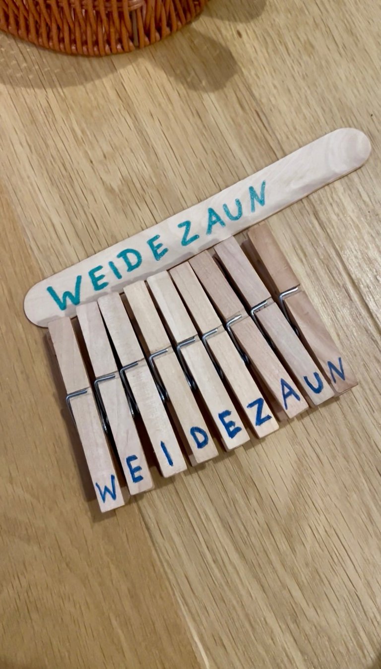 Wooden clothespins and craft stick featuring the word WEIDEZAUN in blue marker for a kids DIY project.
