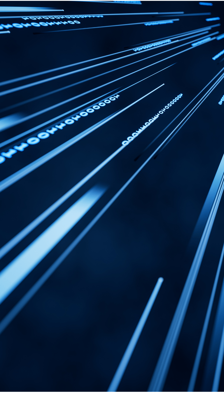 Dunkelblauer Hintergrund mit 'Nullen' und 'Einsen' in hellblau. 