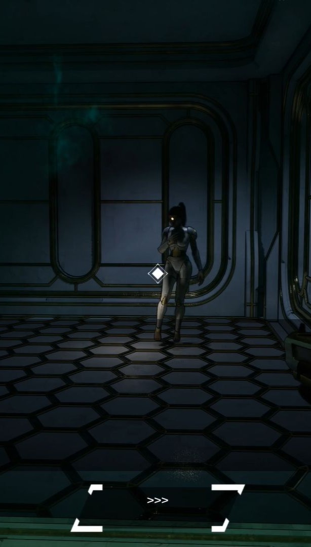 Dim sci-fi room captured in Imperfection, indie FPS. At the center a 3D female character with a white uniform called Nerian