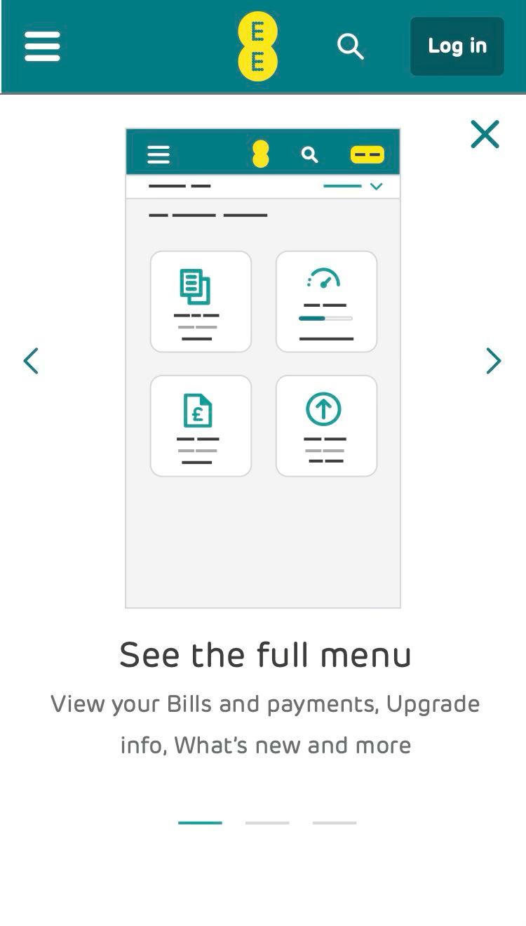 UI design showing an illustration of the MyEE app with four tiles being displayed.