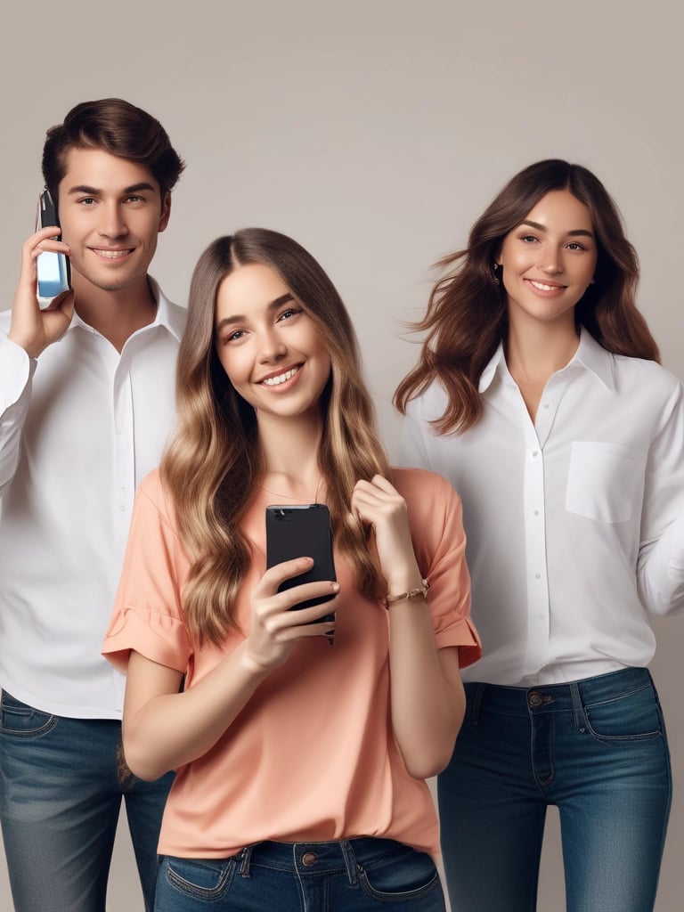 A happy customer holding a new phone with a big 'Oferta' sign in the background