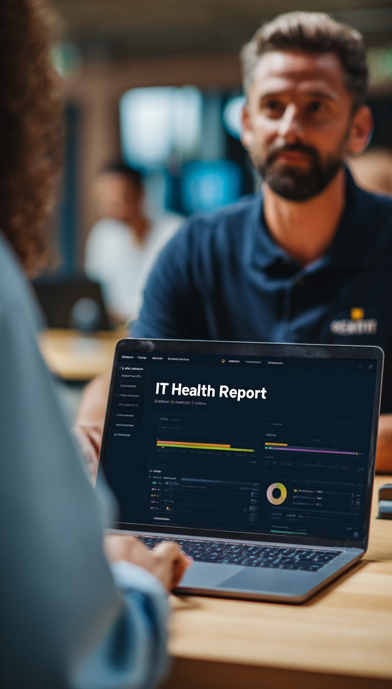 IT engineer showing a head teacher the schools IT Health report