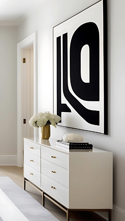 a bedroom with a bed, dresser, and a mirror