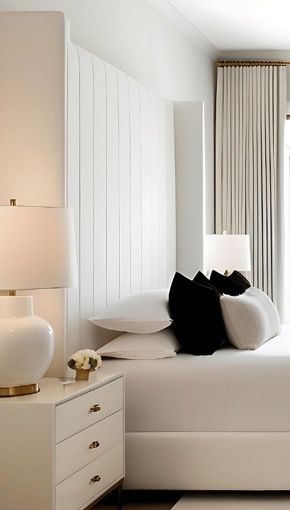 a bedroom with a bed, dresser, and a mirror