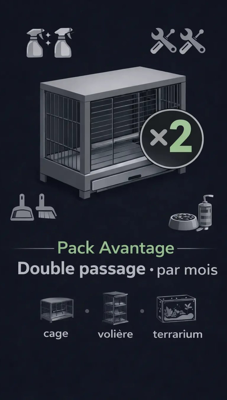 deux passages pour le nettoyage des cages, volières et terrarium à domicile.