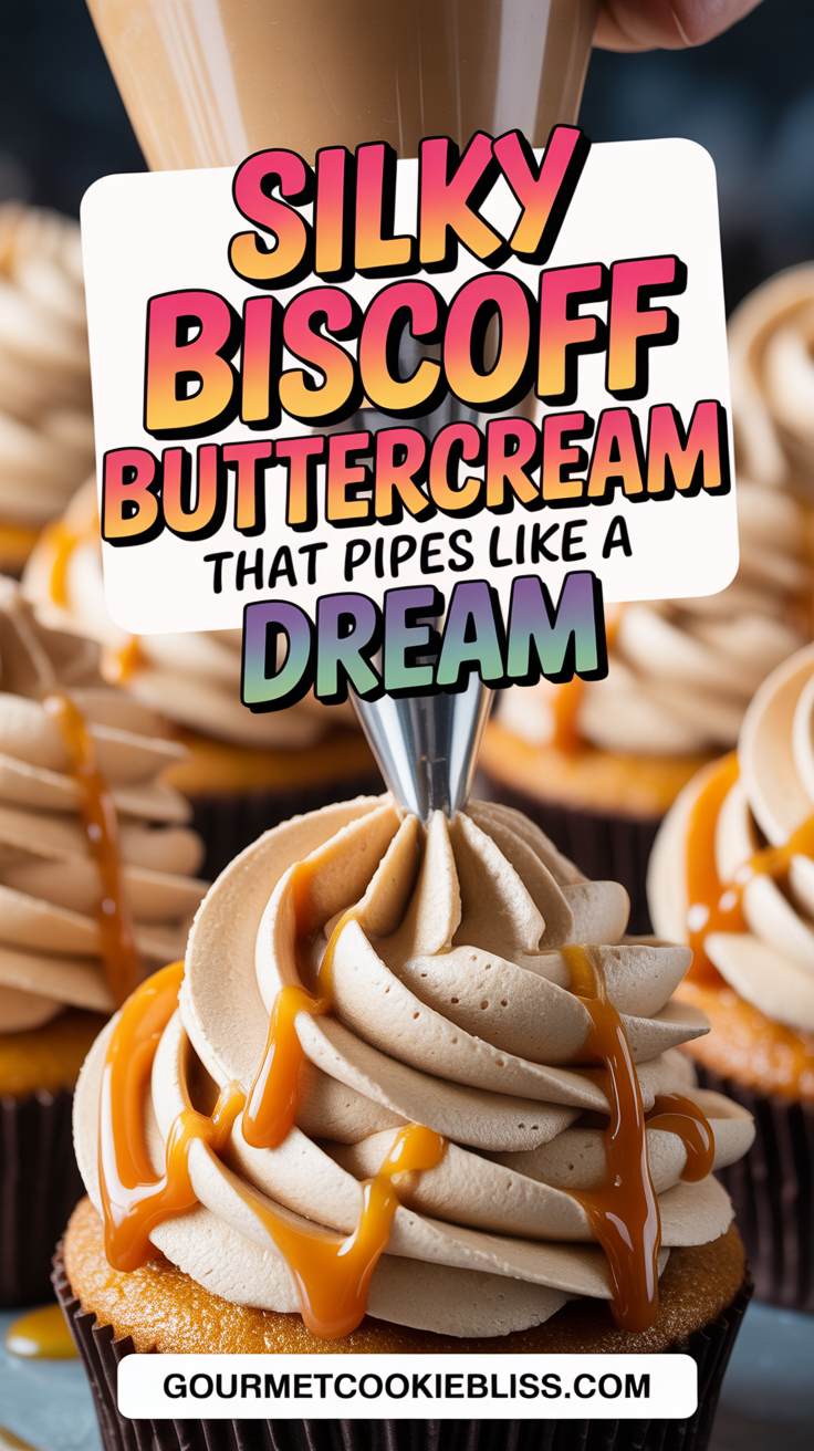 Piping bag swirling Biscoff buttercream onto cupcake with caramel drizzle.