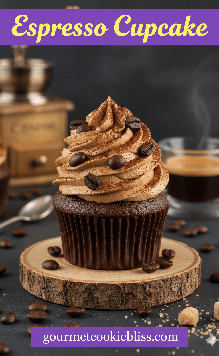 A single, perfectly frosted brown sugar espresso cupcake, adorned with espresso beans and cocoa dust