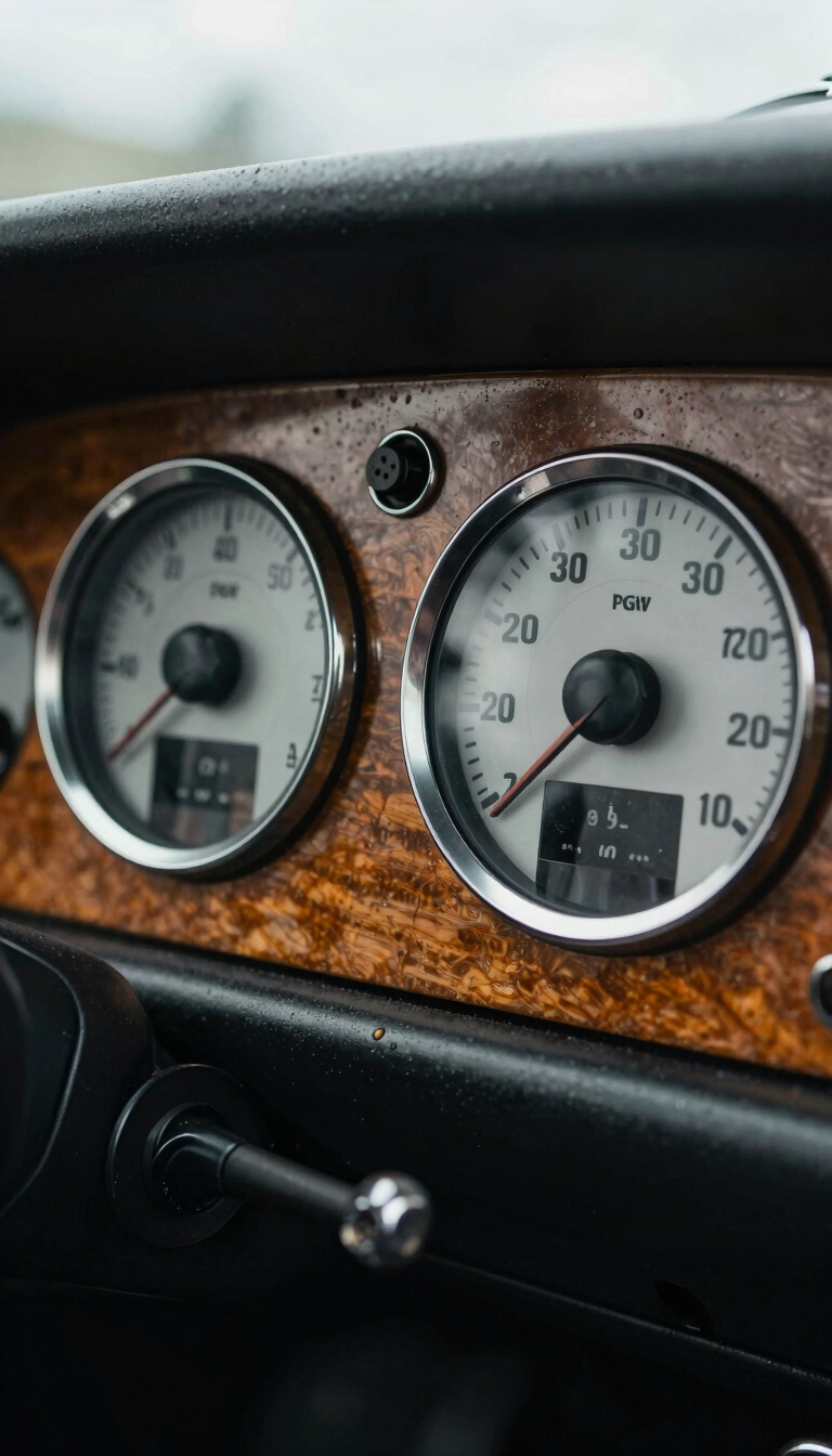 Macro detail shot of a classic car dashboard, focus on intricate gauges and polished wood grain, soft studio lighting, desaturated tones.