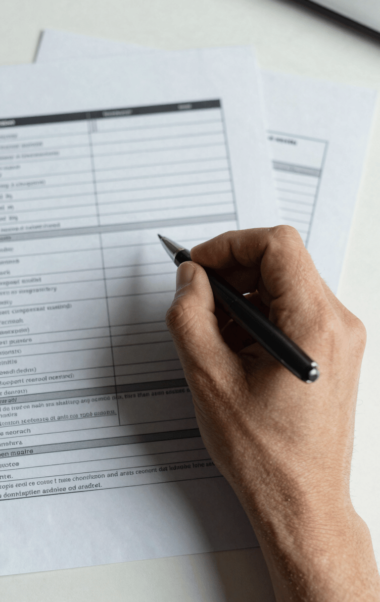 Extreme close-up overhead view of annotated credit analysis documents spread on a clean desk, a hand holding a pen mid-notation, north-facing daylight casting honest flat light across the papers, no faces visible