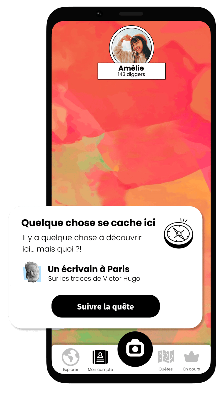 Capture d'écran de l'application Diggers montrant l'apparition d'un point à découvrir sur la map occultée