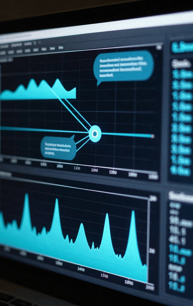 Low-key, dramatic macro shot of a real-time system dashboard displaying conversational latency graphs and node-based routing lines in electric-cyan tones.