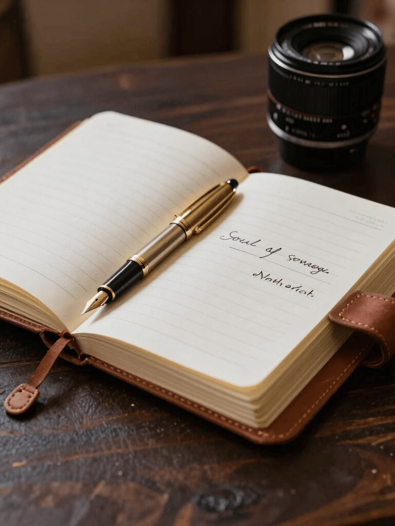 Artistic photography of an open leather-bound journal and a gold fountain pen resting on a dark wood surface in a dimly lit North African setting, representing the soul of songwriting.