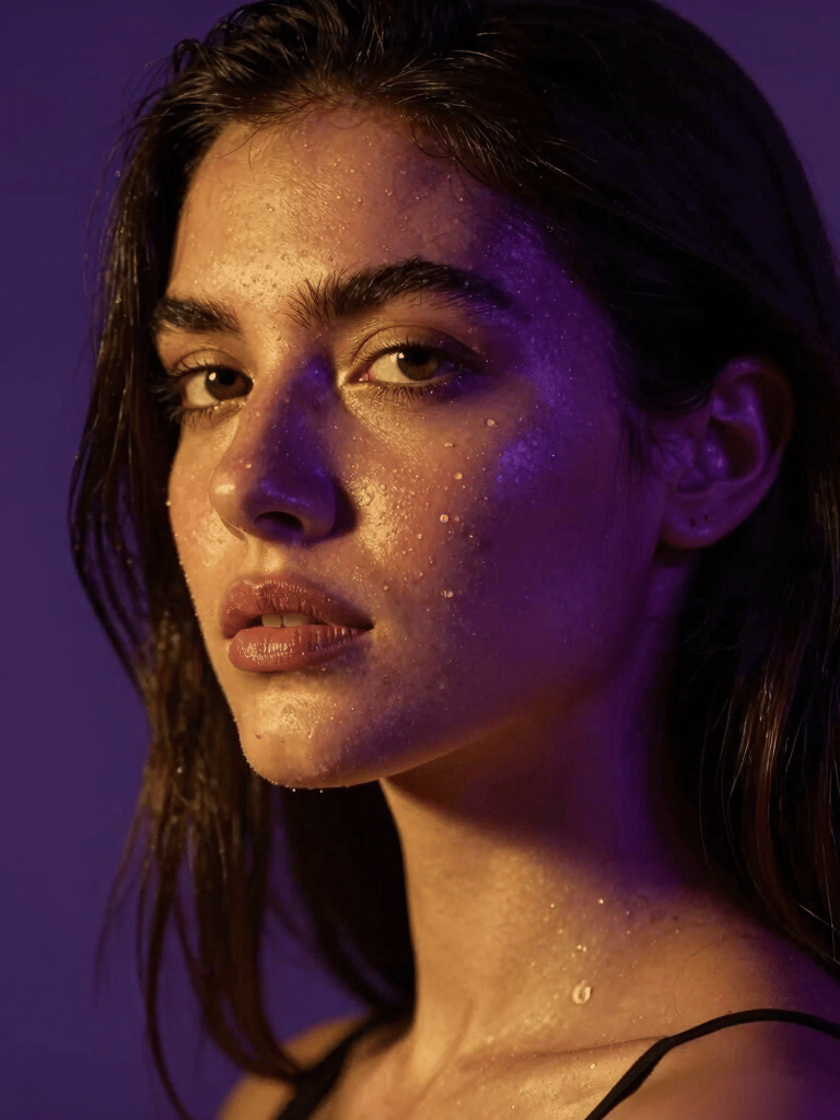 A close-up aesthetic preview for an exclusive video gallery. A stunning model under deep purple and warm gold ambient lights. Seductive dark-mode look, premium adult entertainment style, Latin American / Global.
