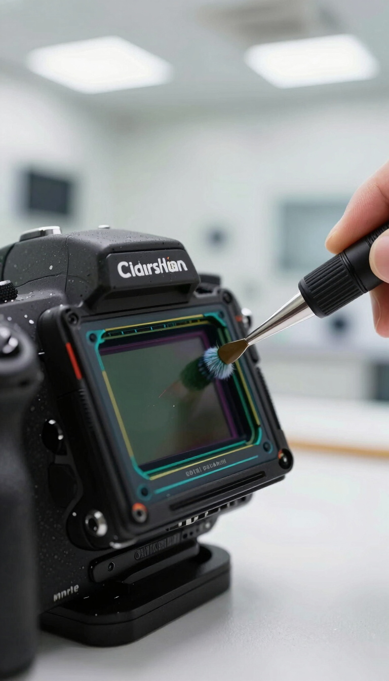 A detailed close-up of a digital camera sensor being cleaned with specialized tools in a bright, off-white cleanroom environment, North American professional camera service center.