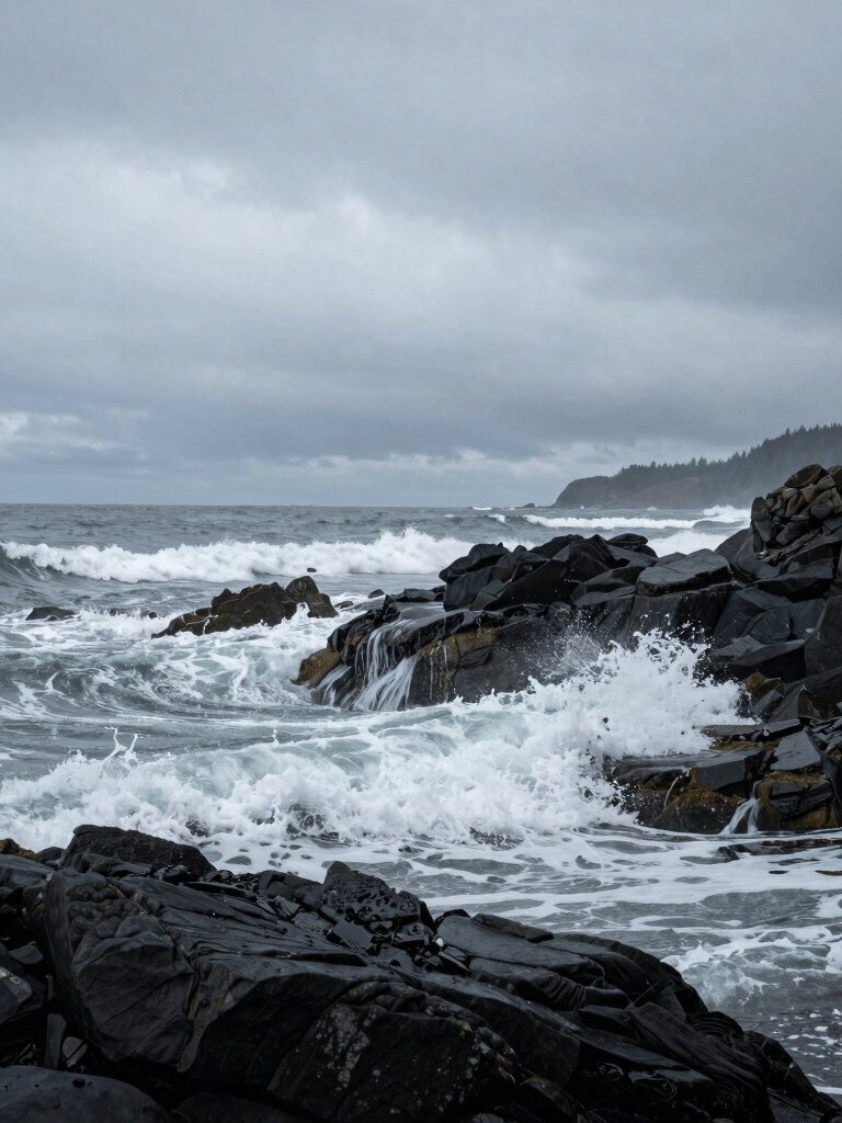An immersive photograph of the Pacific Northwest coastline. Moody waves crash against dark, jagged rocks under a heavy, silver-grey sky. The composition is wide and cinematic, capturing the quiet elegance of the North American wilderness.