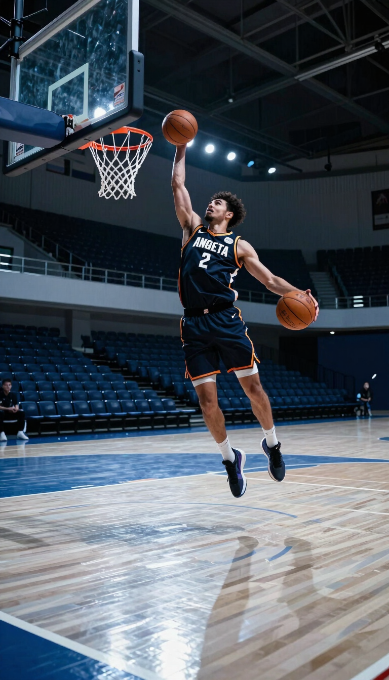 An intense, mid-air capture of a North American basketball player performing a powerful dunk in a high-tech indoor arena. The lighting is focused, casting long shadows, with pale silver highlights on the court surface and steel blue tones in the background.