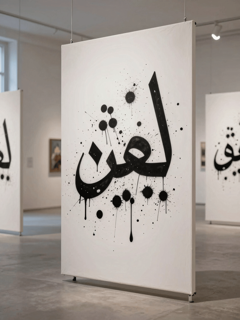 An immersive photograph of an art exhibition featuring multiple white canvases with vibrant black ink splatters and stylized Arabic lettering, naturally lit in a modern gallery.