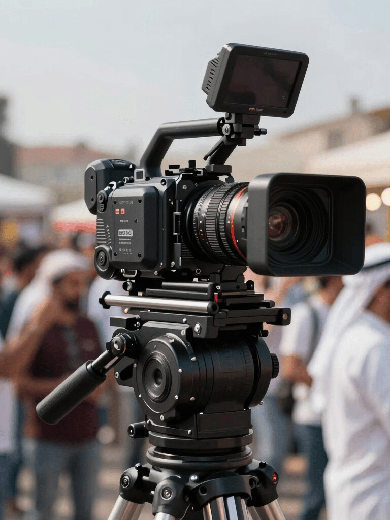 A high-tech 360-degree video camera rig capturing a lively Middle Eastern / Turkish celebration. The lighting is bright and festive, but the composition remains clean and uncluttered. Modern and professional look.
