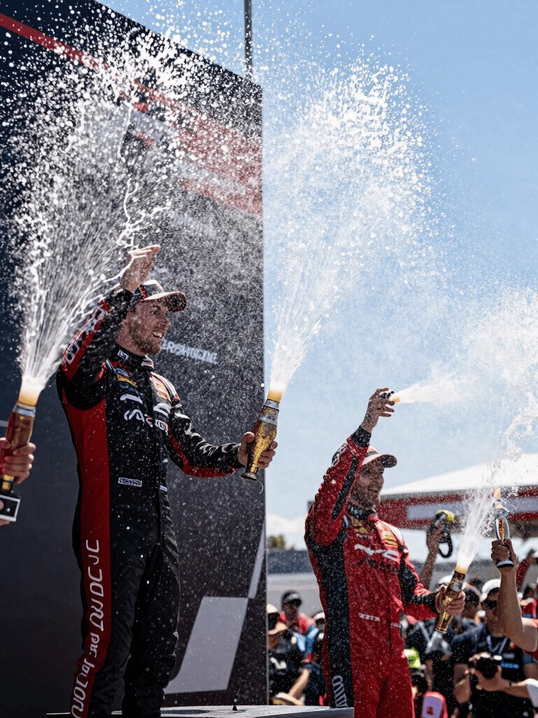 A low-angle photography shot of a motorsport podium celebration. Bright white champagne spray fills the air, catching the sunlight, with hints of red team gear visible in the crowd, North American / US racing event.