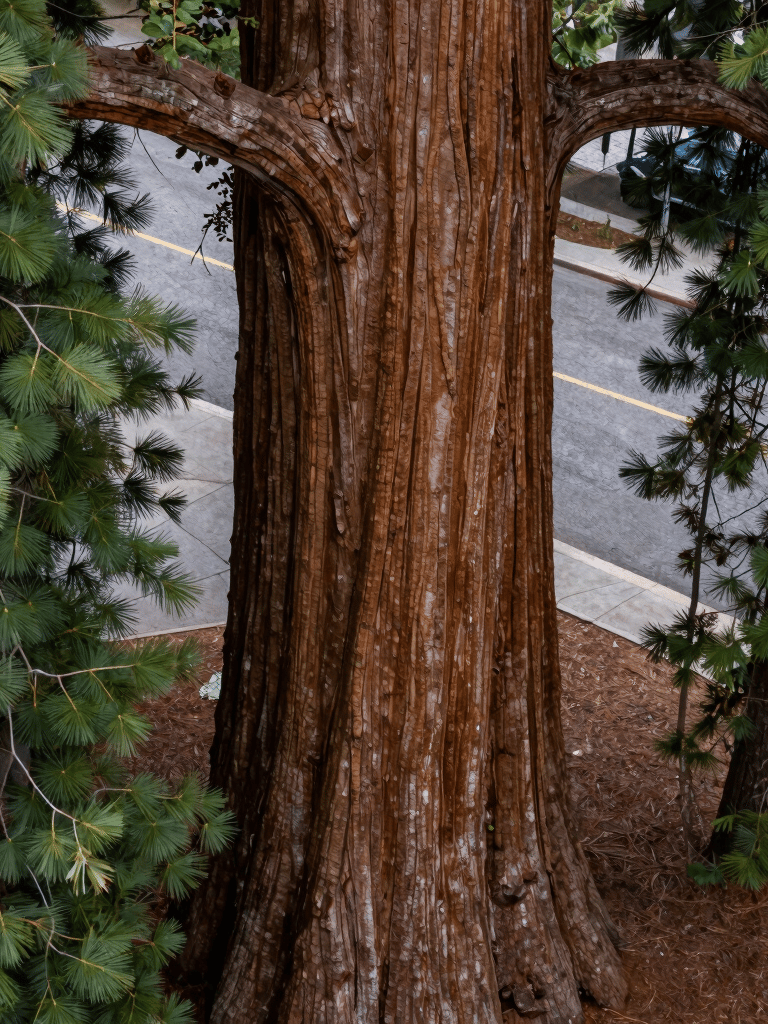 A close-up aerial view of the thick bark and lower branches of a giant sequoia tree, with a glimpse of an urban Eugene sidewalk visible in the background. The lighting is soft and professional, capturing the majestic textures of the North American / US Pacific Northwest flora.