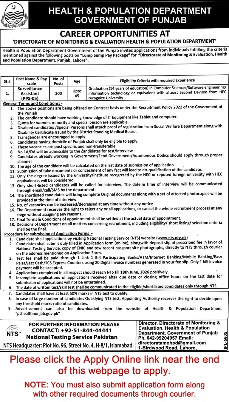 Health and Population Department Punjab Surveillance Assistant Jobs 2026 NTS Advertisement