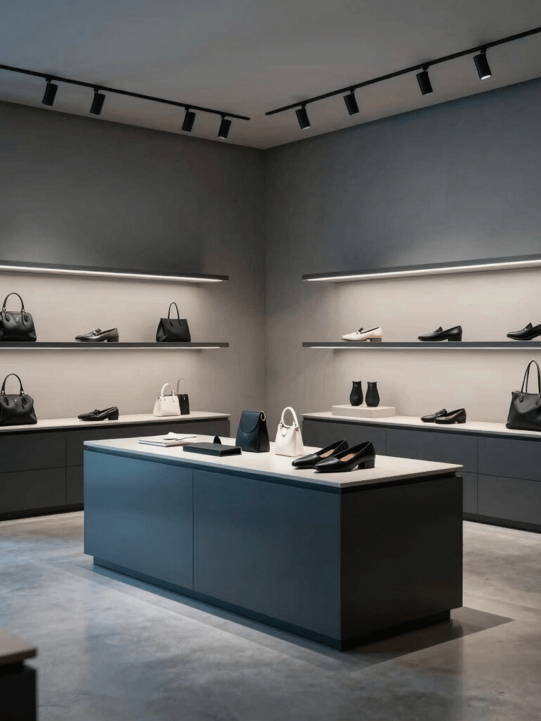Cinematic photography of a high-end retail interior in New York, minimalist product displays, soft spotlights, clean lines, grey blue and charcoal color palette.