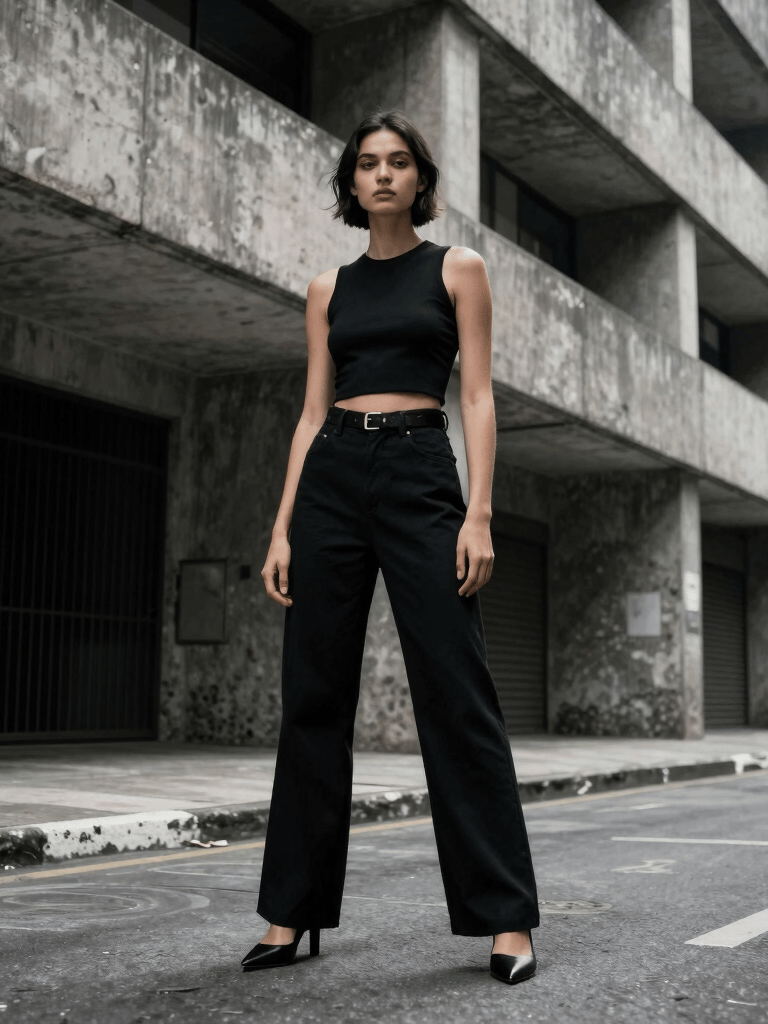 Fashion photography shot on an urban Brazilian street with concrete architecture. A model posing with artistic lighting, captured by a photographer with a minimalist aesthetic, high contrast black and gray tones.