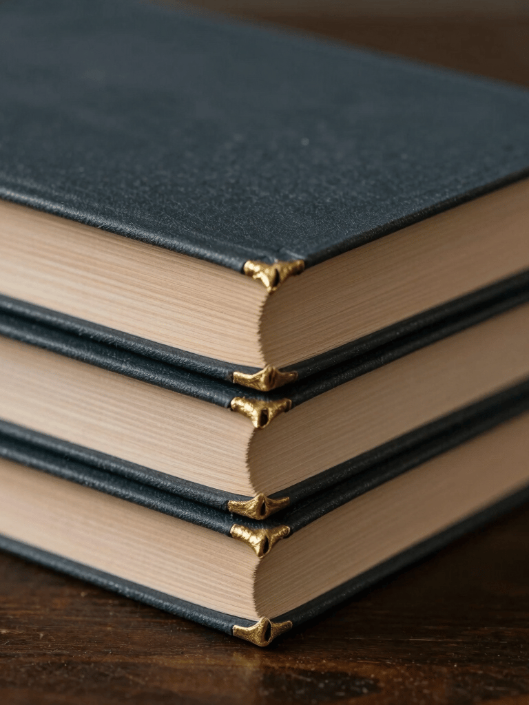 A moody, close-up photograph of a stack of old books with gold-leafed edges resting on a dark wood surface. Soft focus on the paper texture and spines. Sophisticated and introspective. International / Western setting. Colors: charcoal and tan.