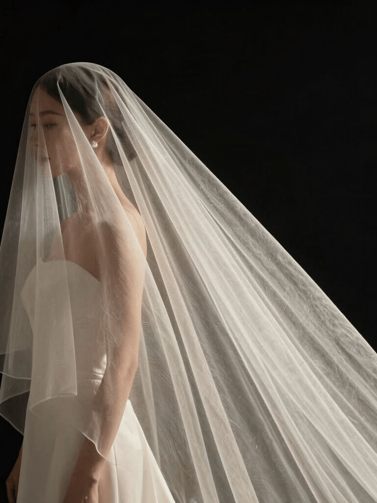 A minimalist composition of a bridal veil blowing in the wind against a midnight black background, soft off-white fabric textures, high-end photography style.