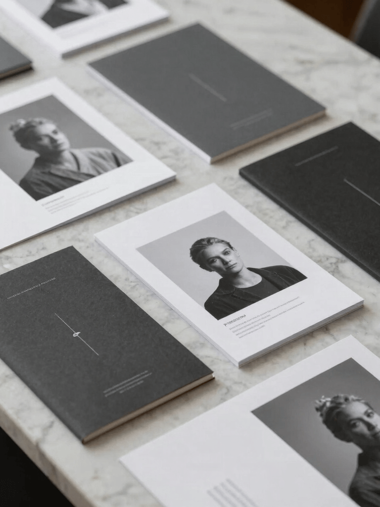 Fotografia de papelaria corporativa premium com design minimalista, tons de branco e cinza profundo, disposta de forma organizada sobre uma mesa de mármore, estética brasileira contemporânea.