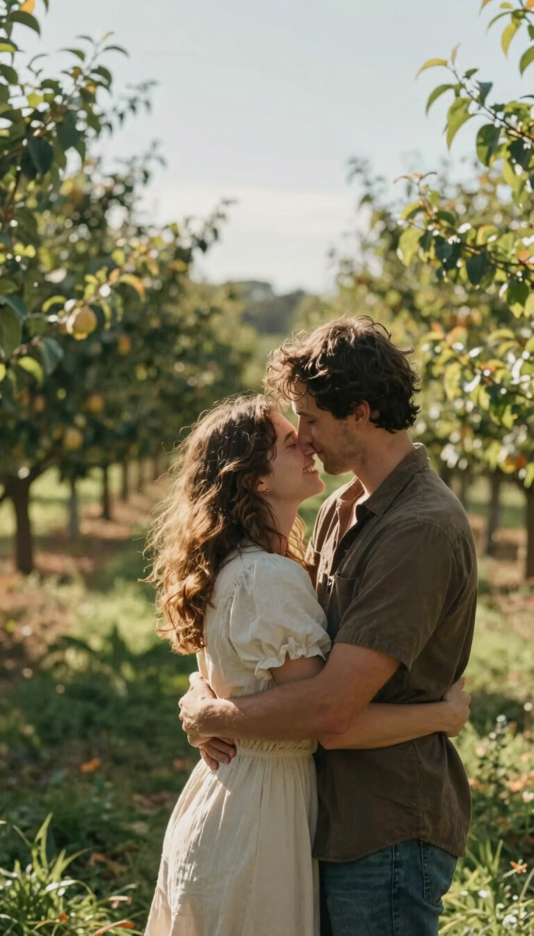 Candid photography of a couple embracing in a cinematic sun-drenched orchard in the North American / US countryside, warm lighting, natural and authentic joy, cinematic depth.