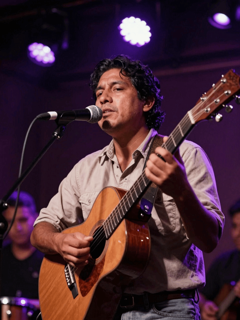 A soulful performance shot in a dimly lit intimate music venue. Muted mauve purple and dark midnight purple stage lights illuminate the scene, capturing an authentic South American musical moment.