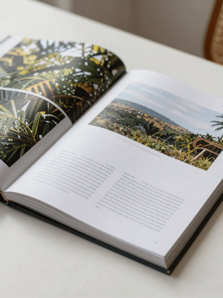 Professional photography of a minimalist magazine layout, thick matte pages showing clean typography and nature-inspired photography, displayed in a bright South American / Brazilian interior.