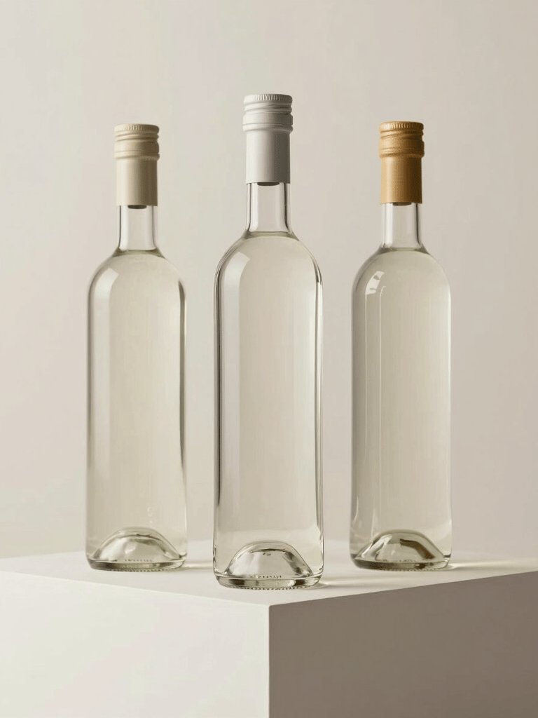Commercial product photography of glass bottles on a white podium, neutral background in off-white tones, clean and precise lighting, elegant aesthetic, International Professional.