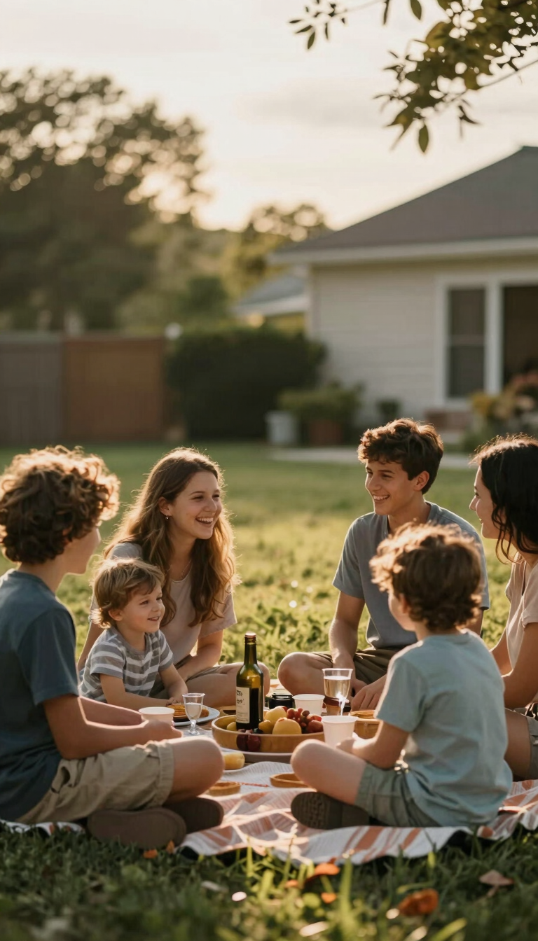A lifestyle photograph of a family picnic in a North American / US backyard. Warm golden hour lighting, cinematic depth of field, focused on laughter and genuine interaction.